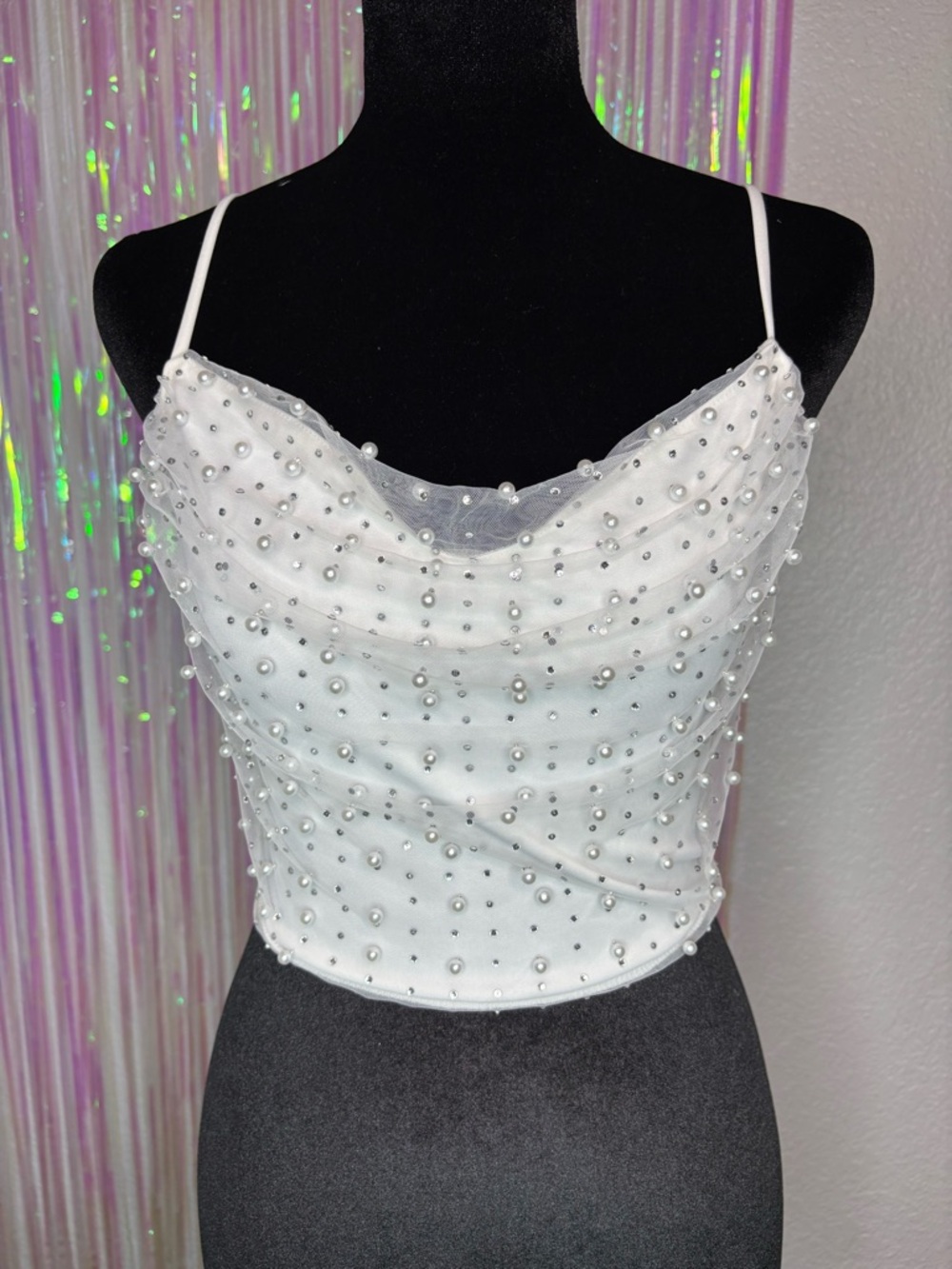 Windsor White Pearl & Rhinestone Cowl Neck Mesh Cami, Adjustable Straps Sz S